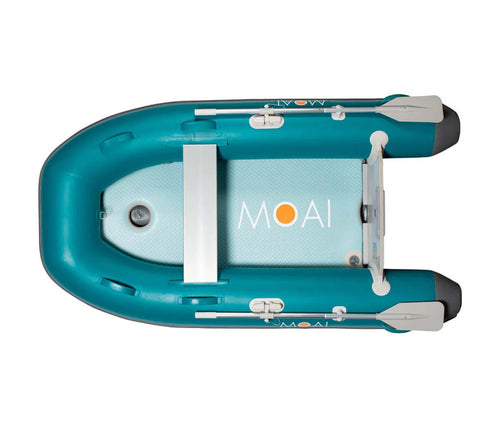 Teal inflatable boat with a white interior on a white background