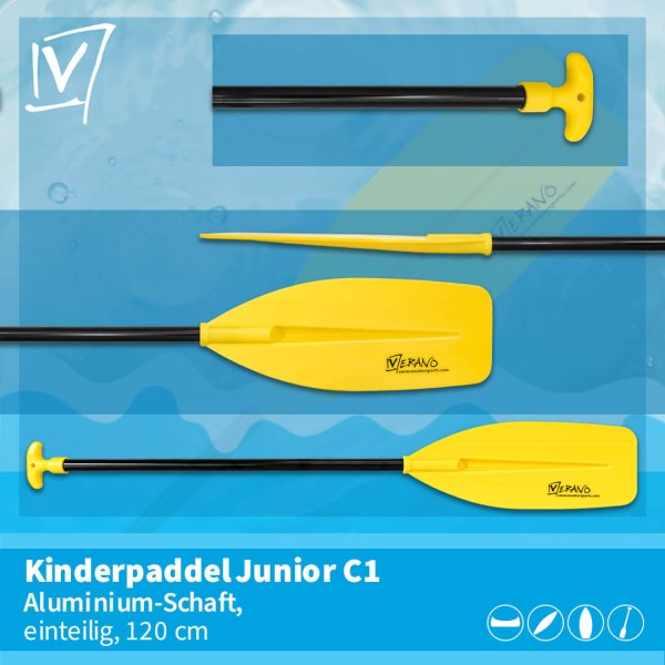 Junior C1 Kinderpaddel, Aluminium-Schaft, einteilig, 120 cm, gelb