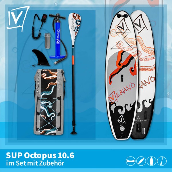 Verano SUP Octopus 10.6, inklusive Zubehör, weiß-orange