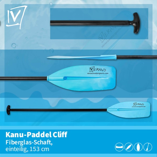 Cliff Kanu-Paddel, Fiberglas-Schaft, einteilig, 153 cm, blau