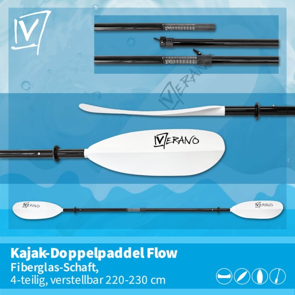 Flow Kajak-Doppelpaddel, Fiberglas-Schaft, 4-teilig, verstellbar 220-230 cm, weiß